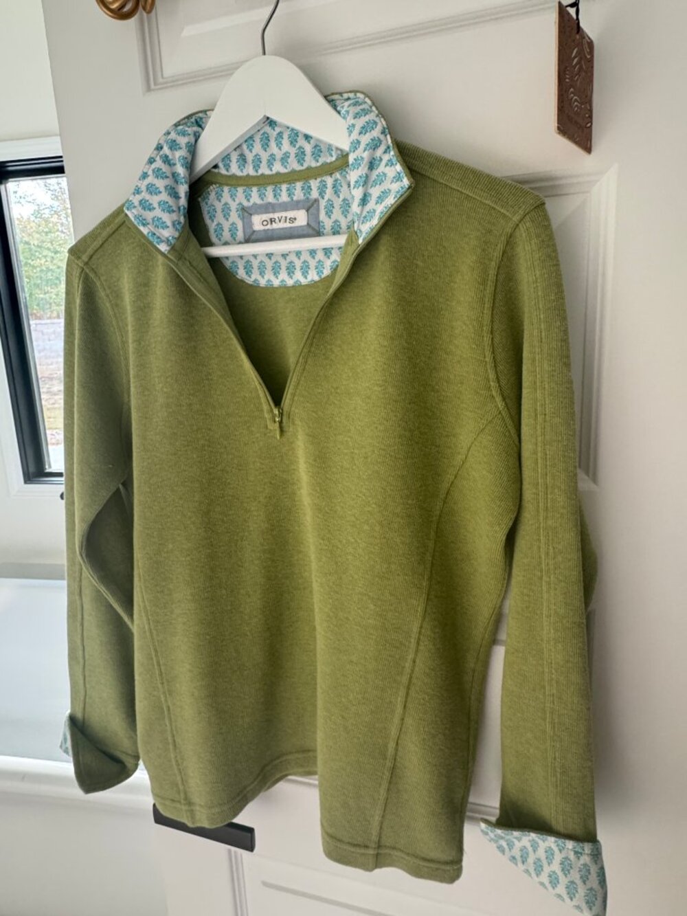Orvis Quarter Zip Pullover S Preppy Layering Olive Green Teal Leaf Lining